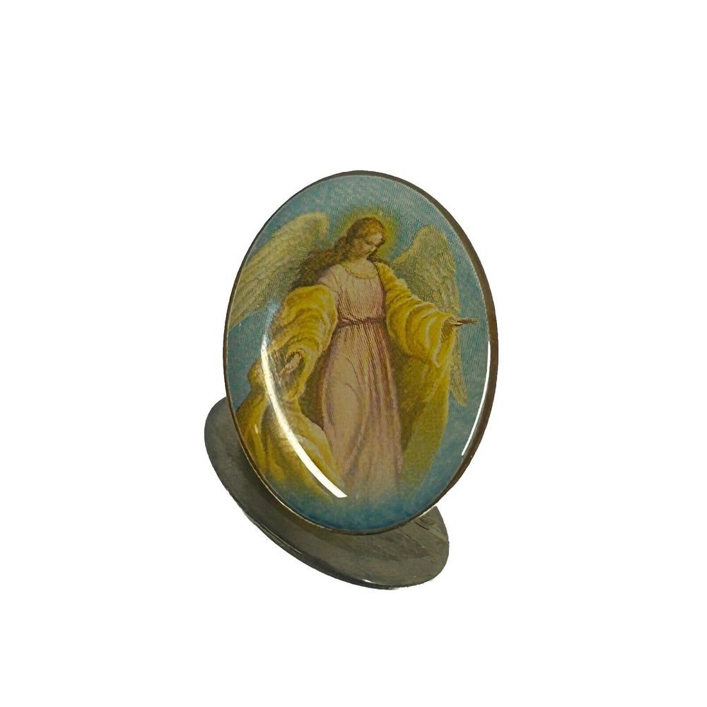 Vintage Guardian Protection Angel Oval Gold Tone Metal Lapel Hat Pin Religious‎